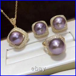 Certified Natural Purple Pearl 18K Gold Plated Pendant Ring Earrings Set Gift