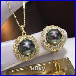 Certified Natural Tahiti Sea Black Pearl 18 K Gold Pendant Ring Set Women Gifts
