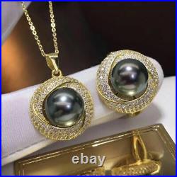 Certified Natural Tahiti Sea Black Pearl 18 K Gold Pendant Ring Set Women Gifts