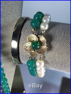 Chalcedony Quartz Cultured Pearl Necklace & Bracelet Set with Fancy 14K Clasps