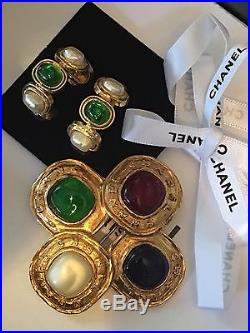 Chanel Brooch And Clip-on Earrings Set Crystal Gripoix Gold Tone Red Blue Pearl