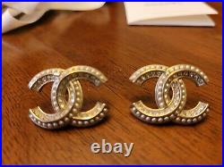 Chanel'CC' Gold, Pearly White & Crystal Earrings comes with full set