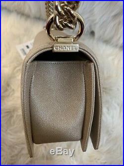Chanel Golden Pearl Beige Caviar Chevron Boy Bag Old Medium NEW Full Set