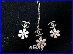 Chanel Light Gold Classic Cc With Dangle Pink Flowers Earrings+necklace Set