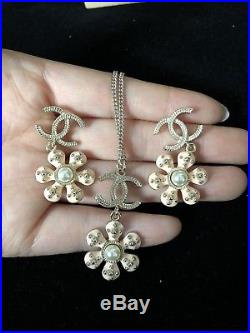Chanel Light Gold Classic Cc With Dangle Pink Flowers Earrings+necklace Set