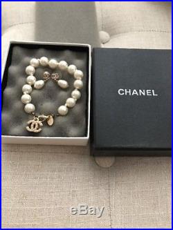 Chanel Womens Pearl Bracelet Earring Set Gold GHW Authentic Dangle Pierce