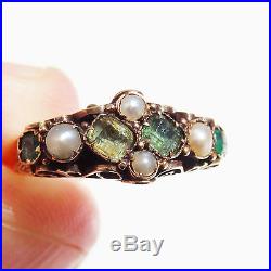 Charming Antique Victorian 15ct Gold Emerald & Pearl set Ring c1872