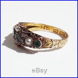 Charming Antique Victorian 15ct Gold Emerald & Pearl set Ring c1872