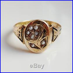 Charming Antique Victorian 15ct Gold & Enamel Pearl set Mourning Ring c1873