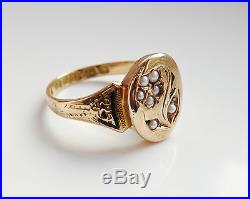 Charming Antique Victorian 15ct Gold & Enamel Pearl set Mourning Ring c1873