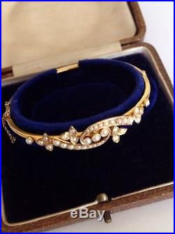 Charming Antique Victorian 15ct Gold Natural Seed Pearl Set Hinged Bangle