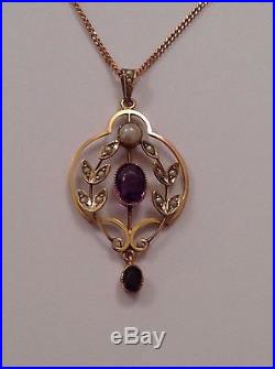Charming Antique Victorian 9ct Gold Amethyst & Seed Pearl Set Pendant / Chain