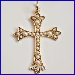 Charming Victorian 15ct Gold Cross Pendant set with Graduated Seed Pearls c1885