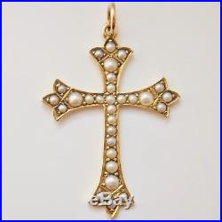 Charming Victorian 15ct Gold Cross Pendant set with Graduated Seed Pearls c1885