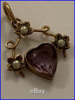 Charming Victorian 9ct Gold Heart Shaped Amethyst & Seed Pearl Set Pendant