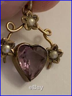 Charming Victorian 9ct Gold Heart Shaped Amethyst & Seed Pearl Set Pendant