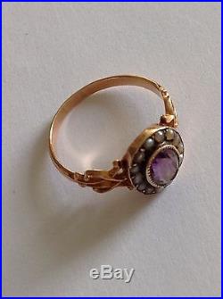Charming Victorian 9ct Rose Gold Amethyst & Seed Pearl Set Cluster Ring