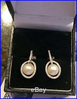 Chatham Cultured Pearl/Diamond earrings set in 14K white gold. Beautiful size