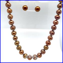Chocolate 7.8 mm Pearl Necklace and Stud Earrings Set 14k Yellow Gold