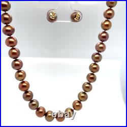 Chocolate 7.8 mm Pearl Necklace and Stud Earrings Set 14k Yellow Gold