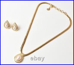 Christian Dior Vintage Rhinestone Faux Pearl Gold Tone Necklace Earrings Set