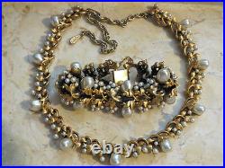 Chunky Antiqued Gold Retro Tortolani Necklace & Bracelet Set with Faux Pearls