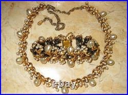 Chunky Antiqued Gold Retro Tortolani Necklace & Bracelet Set with Faux Pearls