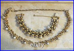 Chunky Antiqued Gold Retro Tortolani Necklace & Bracelet Set with Faux Pearls