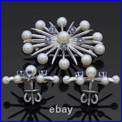Church & Co. Pearl and Sapphire 14K White Gold Snowflake Earrings & Brooch Set