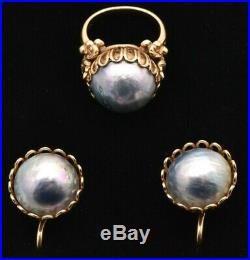 Cini Women's Vintage 1950's 14K Yellow Gold and Mabe Pearl Ring and Earring Set