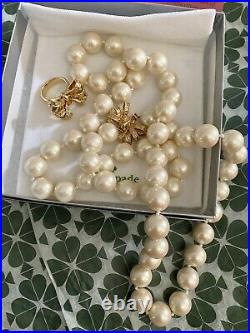 Classic Kate Spade New York Pearl Long Necklace Gold Bow & Ring SET Gold RARE