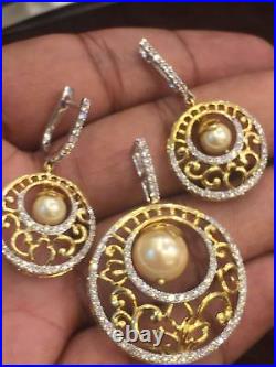 Classy 12.46 Carats Natural Pave Diamonds Pearl Pendant Earrings Set In 14K Gold
