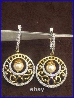 Classy 12.46 Carats Natural Pave Diamonds Pearl Pendant Earrings Set In 14K Gold