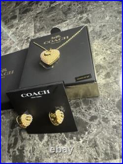 Coach Necklace And Earrings Set Pearl Locket Gold Tone Huggie Earrings Coach Necklace And Earrings Set Pearl Locket Gold Tone Huggie Earrings