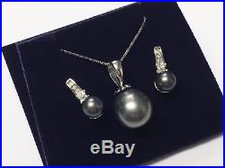 Colombian Emeralds Tahitian Pearl Necklace & Earring Set 18k White Gold + Cert
