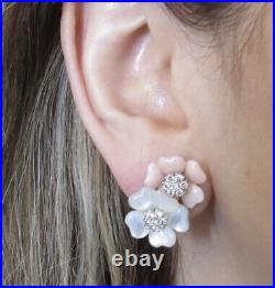 Coral and Mother of Pearl Diamond Flower Earrings set in 18 K gold