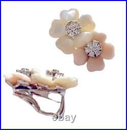 Coral and Mother of Pearl Diamond Flower Earrings set in 18 K gold