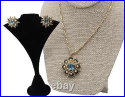 Coro Blue rhinestone pearl enamel flower pendant necklace 16 earring set Co1244