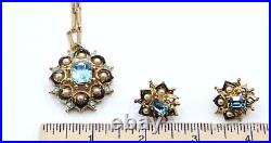 Coro Blue rhinestone pearl enamel flower pendant necklace 16 earring set Co1244