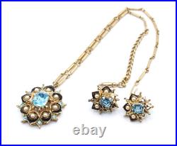 Coro Blue rhinestone pearl enamel flower pendant necklace 16 earring set Co1244