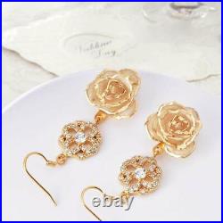 Cream 24K Gold Dipped Real Rose Pendant/Rhinestone Drop Earrings Set Mothers Day