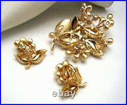 Crown Trifari Brooch Clip Earring Set Rhinestones Faux Pearls Gold Tone Foliate