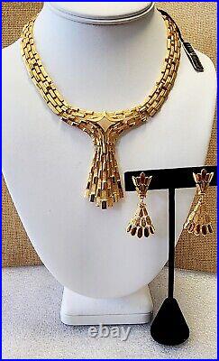 Crown Trifari Double Clasp Lucerne Drop Gold Tone Necklace, Earring Set NWT B636