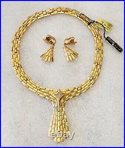 Crown Trifari Double Clasp Lucerne Drop Gold Tone Necklace, Earring Set NWT B636