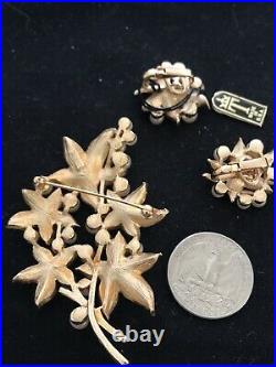 Crown Trifari Maple Leaf & Faux Pearl Large Figural Brooch & Earring Set & TAG