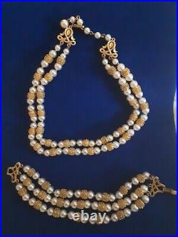 Crown Trifari Multi Strand Faux Pearl Necklace Bracelet Set