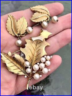 Crown Trifari Pearl Rhinestone Leaf Brooch & Earrings Set Demi Parure Signed