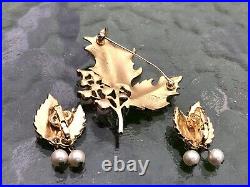 Crown Trifari Pearl Rhinestone Leaf Brooch & Earrings Set Demi Parure Signed