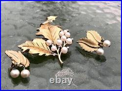 Crown Trifari Pearl Rhinestone Leaf Brooch & Earrings Set Demi Parure Signed