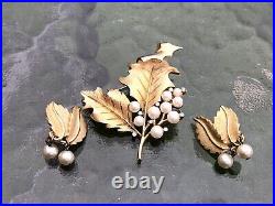 Crown Trifari Pearl Rhinestone Leaf Brooch & Earrings Set Demi Parure Signed